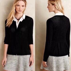 Anthropologie Angel Of The North Pointelle Knit Zip Front Cardigan. Black. Sz L